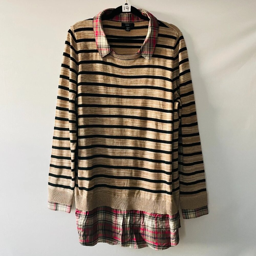 Intro. Womens Beige Long Sleeve Striped Layered Shirt With Sweater Plus Size 2X